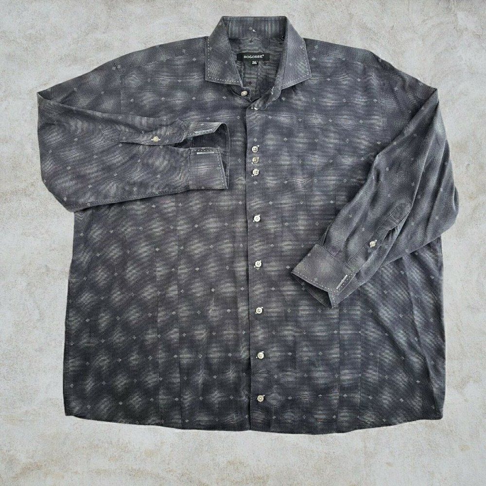 Bogosse Men's Button Up Shirt Black 2XL Long Sleeve French Cuffs Geometric